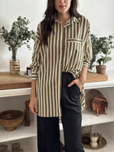 Olive Green Stripe Button Down Shirt Dresses  - Sowears