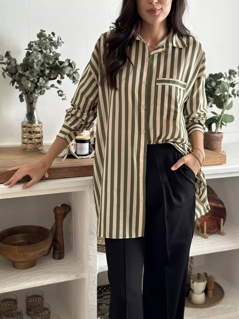 Olive Green Stripe Button Down Shirt Dresses  - Sowears