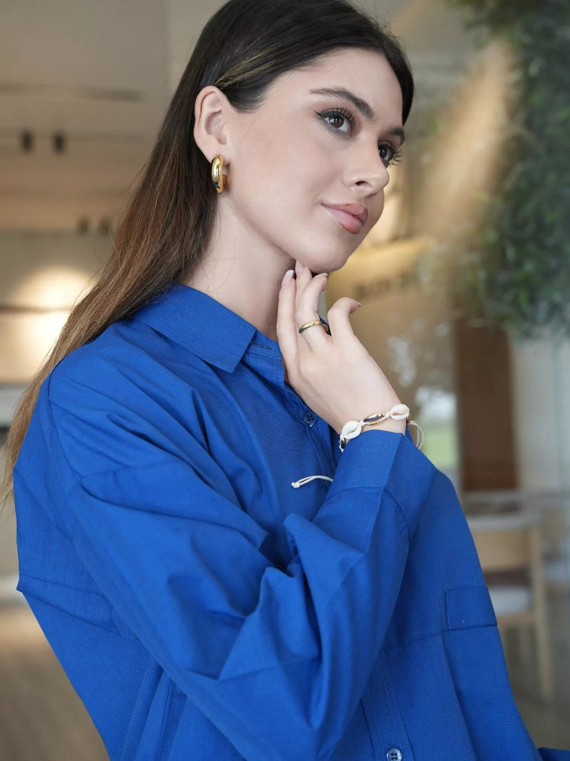 Orient Blue Button Down Shirt Dresses  - Sowears