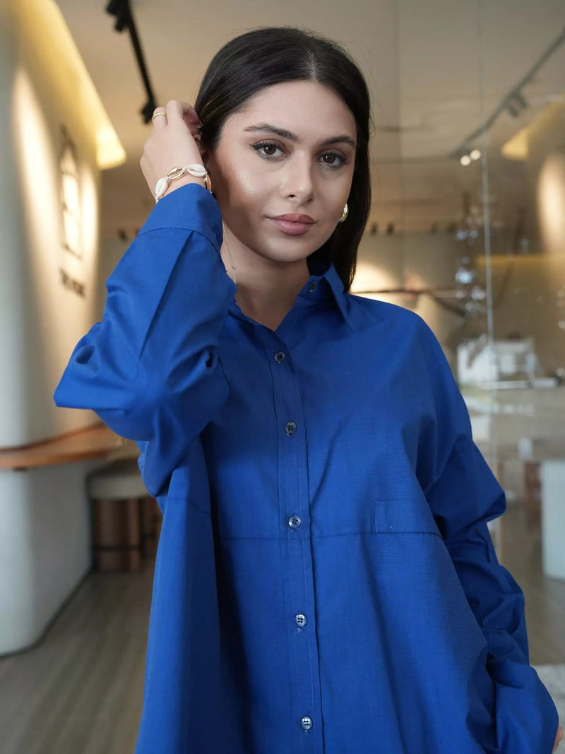 Orient Blue Button Down Shirt Dresses  - Sowears