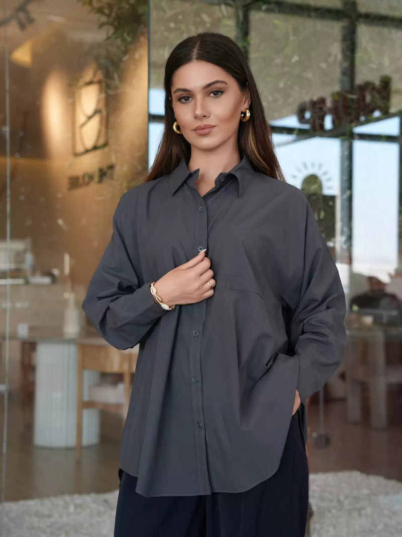 Orient Grey Button Down Shirt Dresses  - Sowears