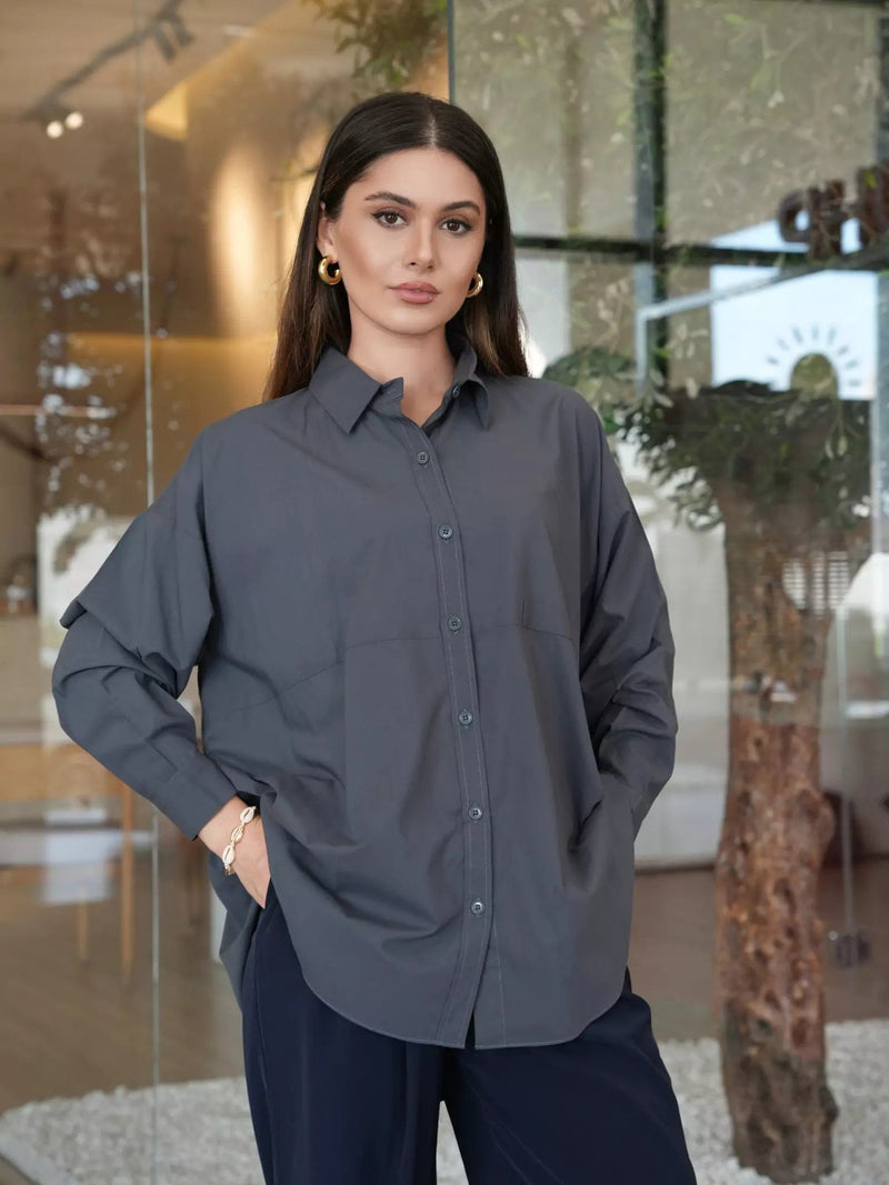 Orient Grey Button Down Shirt Dresses  - Sowears