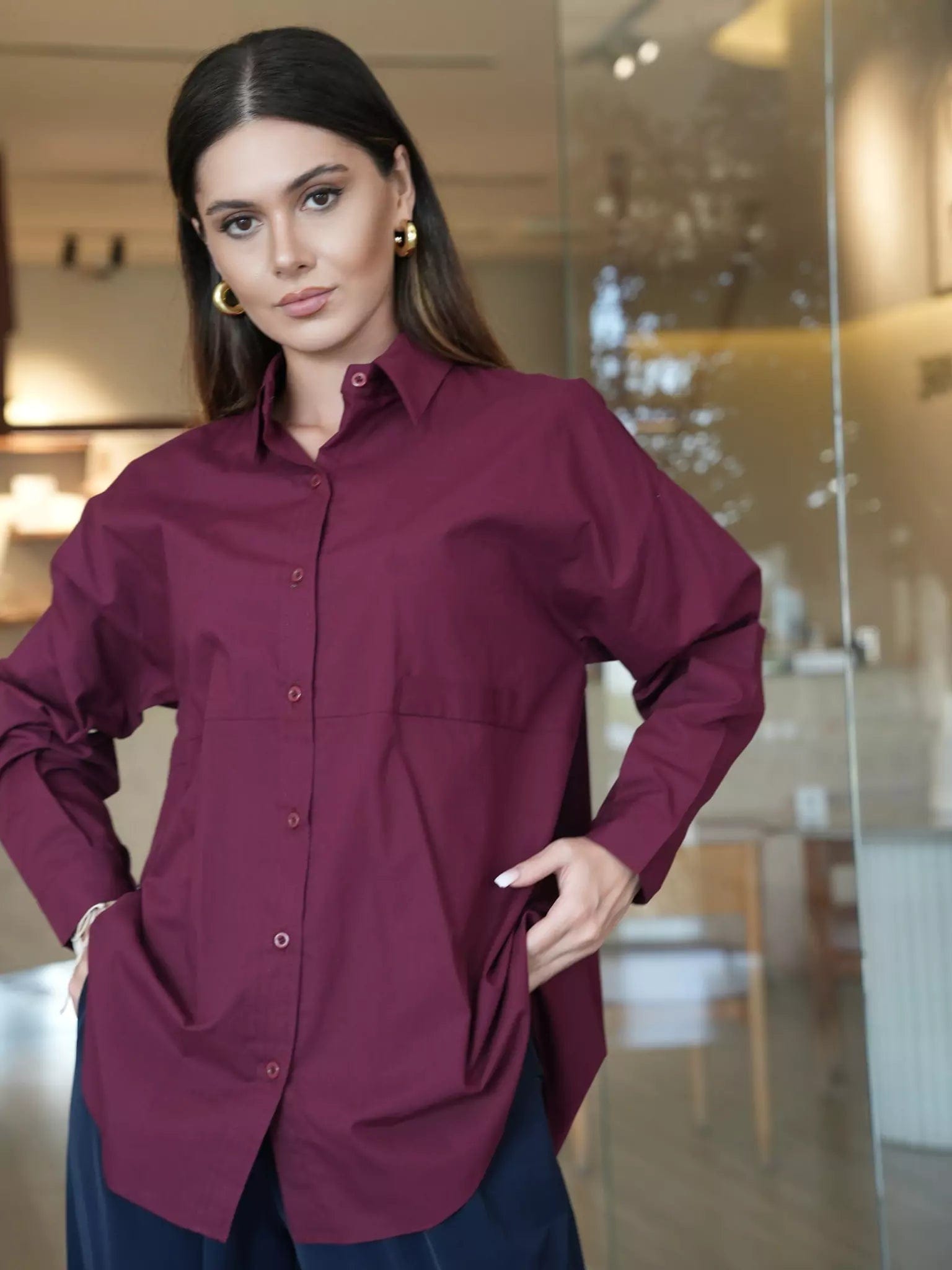 Orient Plum Button Down Shirt Dresses  - Sowears