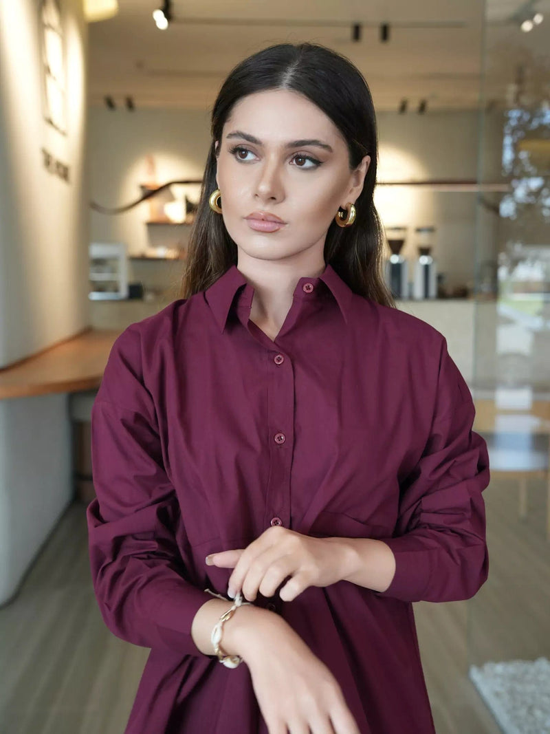 Orient Plum Button Down Shirt Dresses  - Sowears