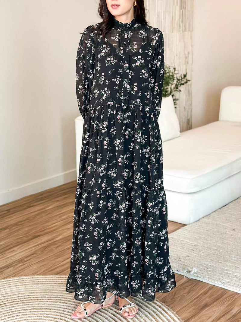 Pansy Black Floral Long Dress Dresses  - Sowears