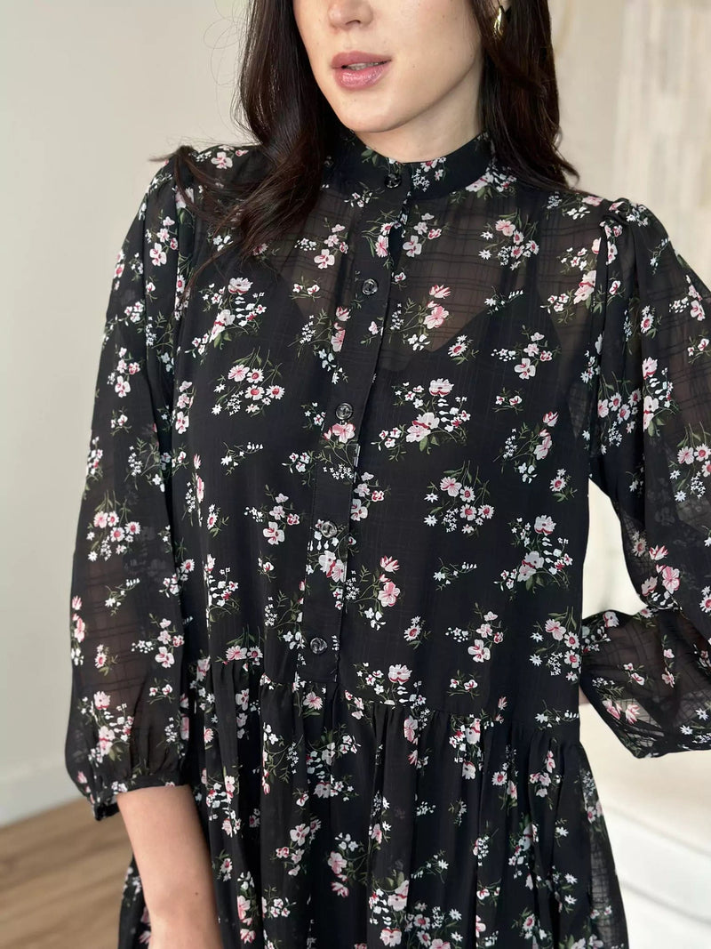 Pansy Black Floral Long Dress Dresses  - Sowears