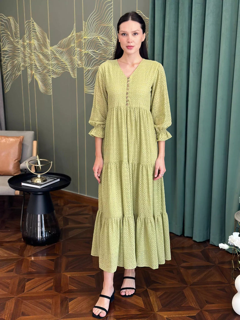 Parsley Cutwork Dress - Green Dresses  - Sowears