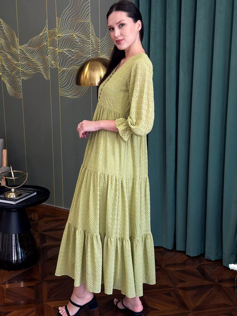 Parsley Cutwork Dress - Green Dresses  - Sowears