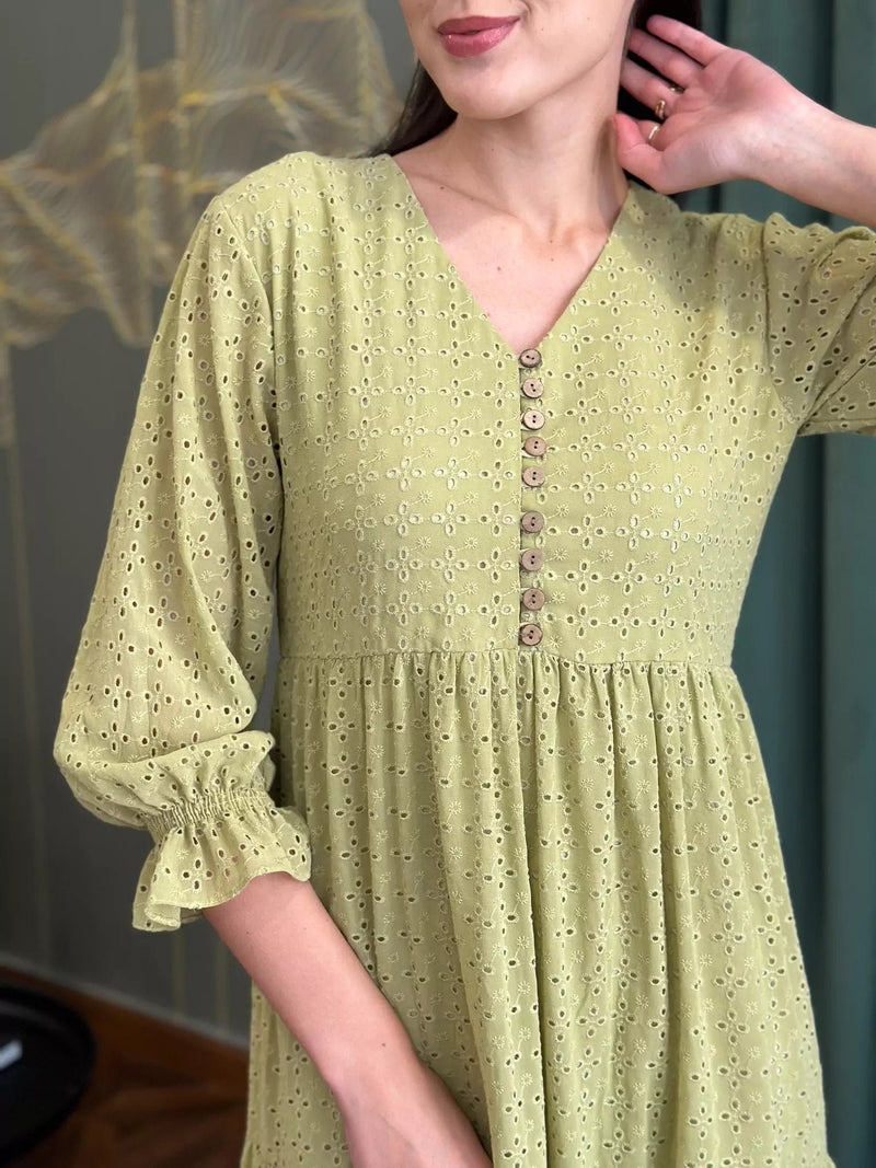 Parsley Cutwork Dress - Green Dresses  - Sowears