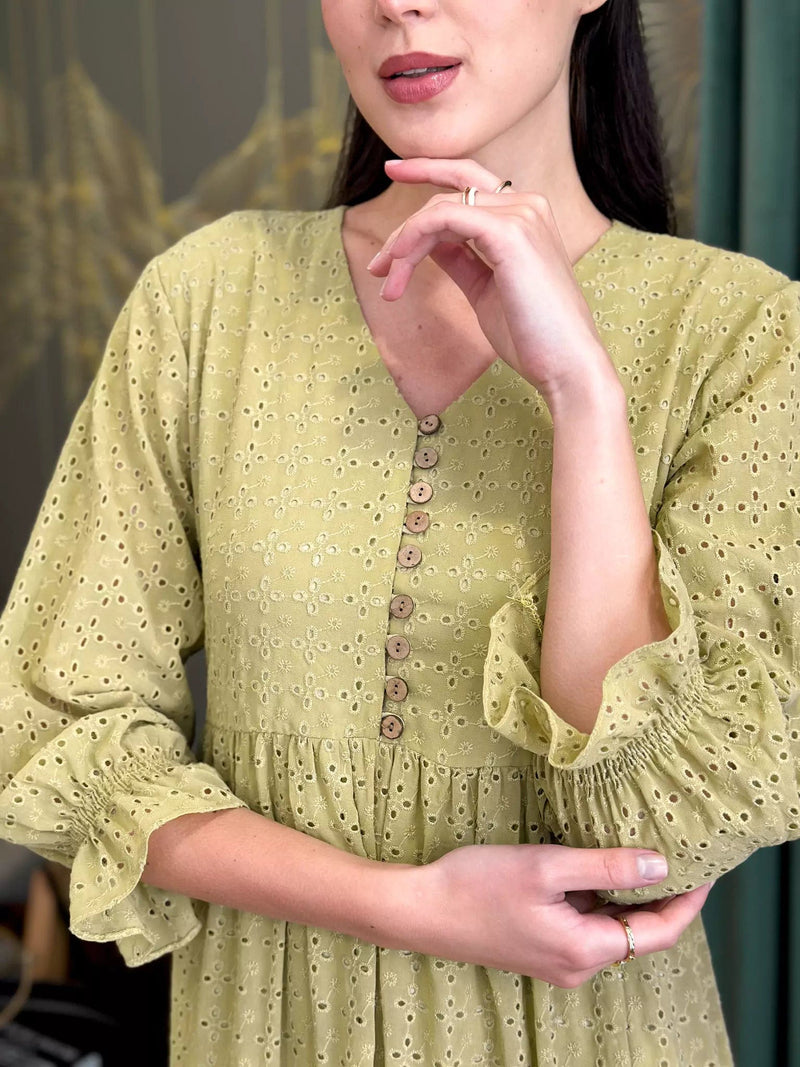 Parsley Cutwork Dress - Green Dresses  - Sowears