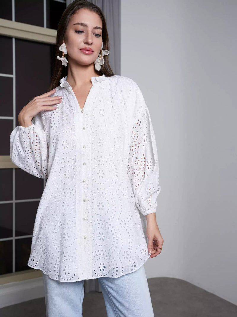 Pecten White Cut Work Shirt Dresses  - Sowears