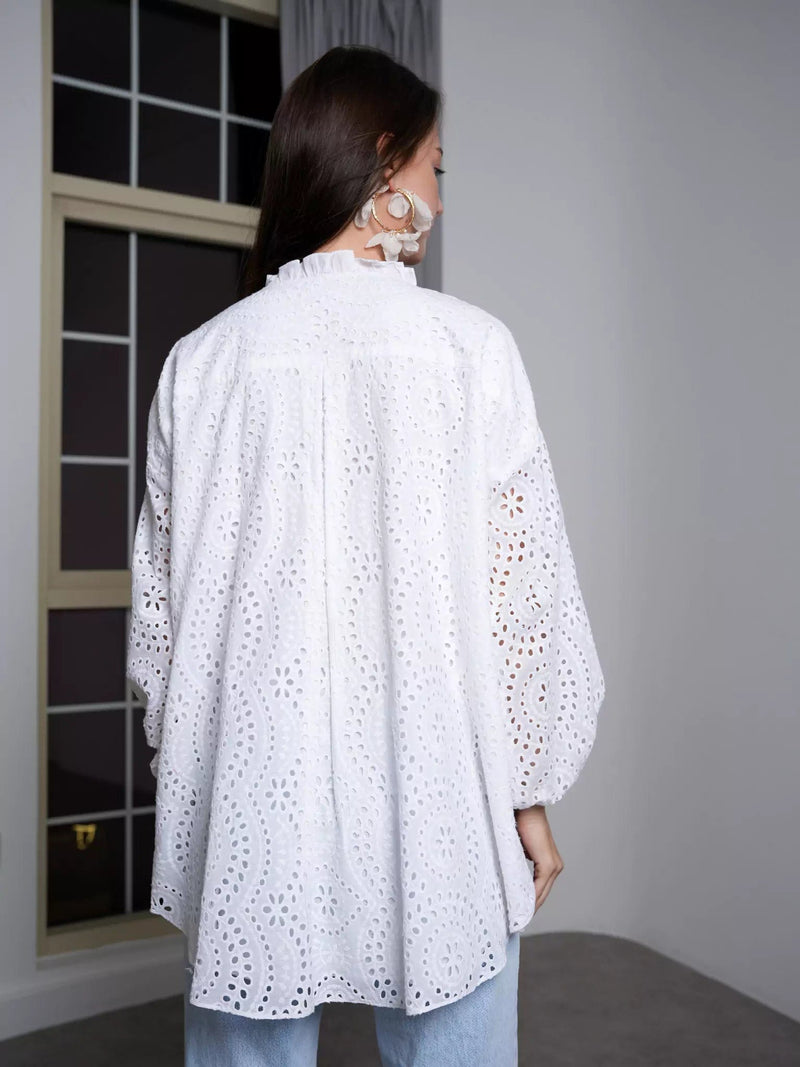 Pecten White Cut Work Shirt Dresses  - Sowears