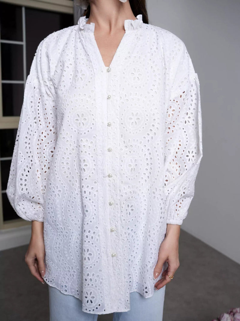 Pecten White Cut Work Shirt Dresses  - Sowears