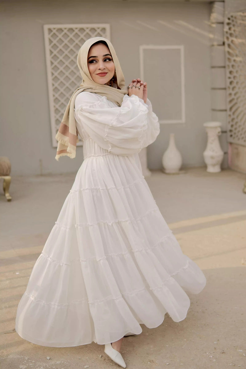 Pigeon White Long Frill Dress Dresses  - Sowears