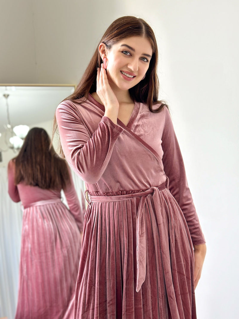 Promise - Dusty Pink Velvet Dress with Long Sleeves (Pleated) Dresses  - Sowears