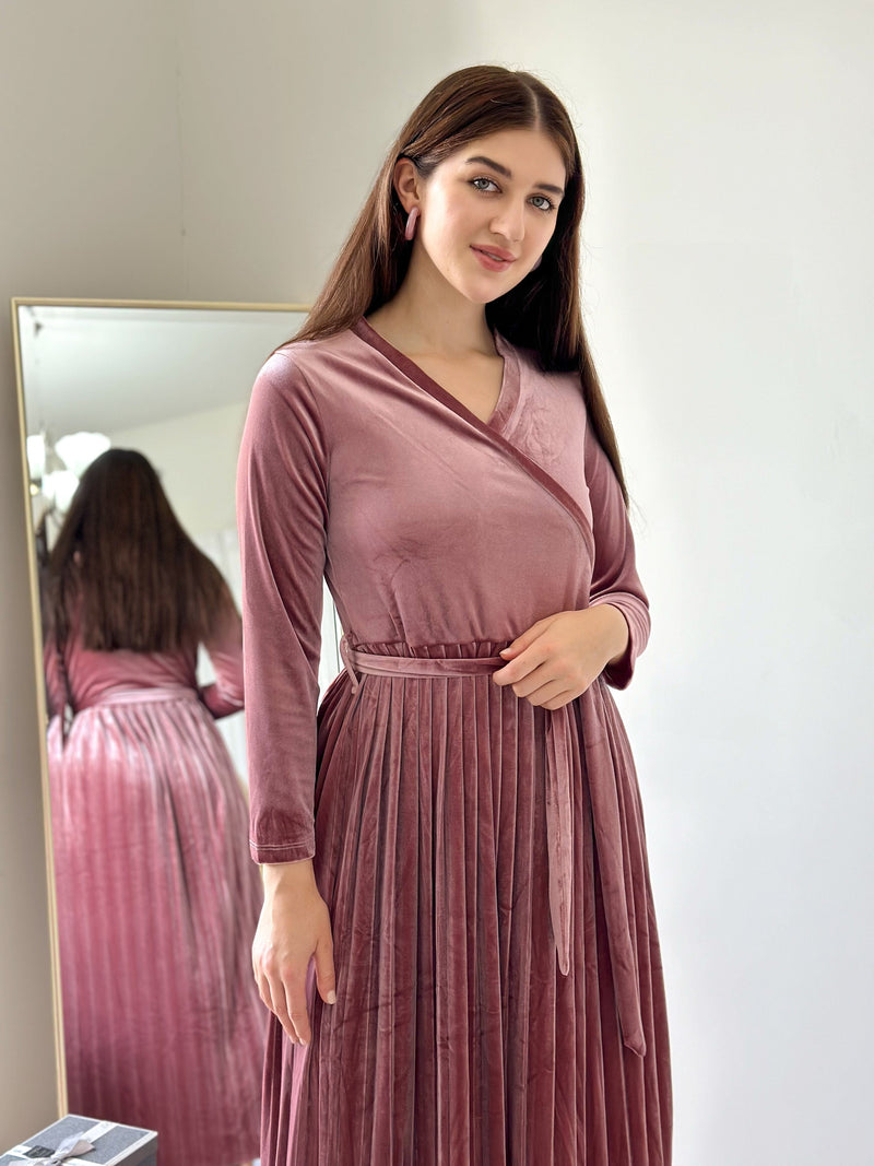 Promise - Dusty Pink Velvet Dress with Long Sleeves (Pleated) Dresses  - Sowears