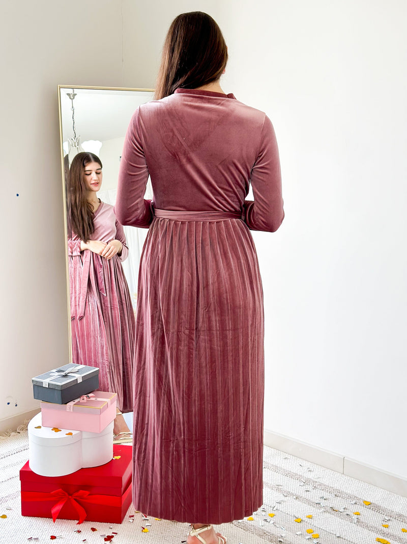 Promise - Dusty Pink Velvet Dress with Long Sleeves (Pleated) Dresses  - Sowears