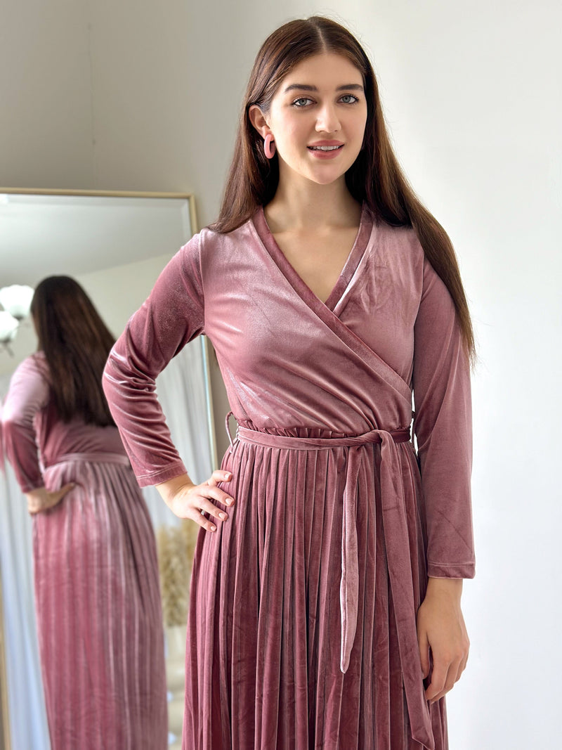 Promise - Dusty Pink Velvet Dress with Long Sleeves (Pleated) Dresses  - Sowears