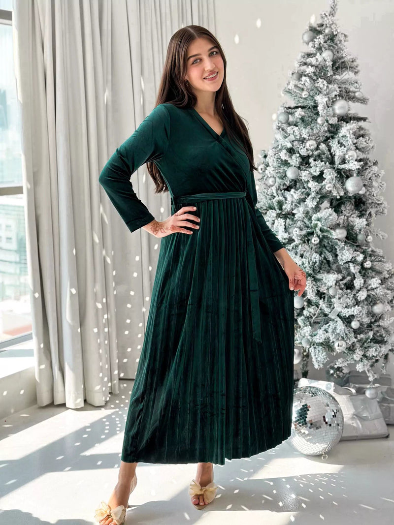 Promise - Emerald Green Velvet Long Dress (Pleated) Dresses  - Sowears