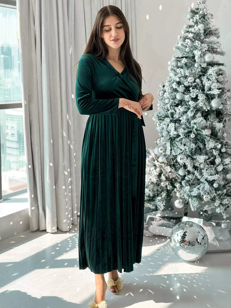 Promise - Emerald Green Velvet Long Dress (Pleated) Dresses  - Sowears