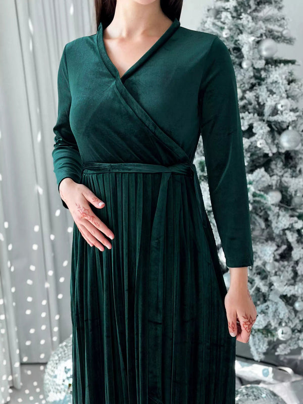 Promise - Emerald Green Velvet Long Dress (Pleated) Dresses  - Sowears