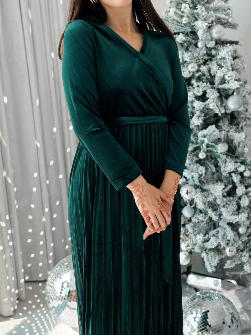 Promise - Emerald Green Velvet Long Dress (Pleated) Dresses  - Sowears