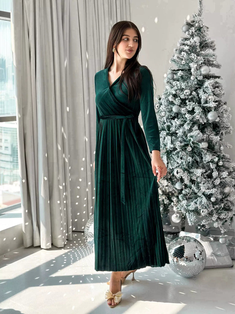 Promise - Emerald Green Velvet Long Dress (Pleated) Dresses  - Sowears