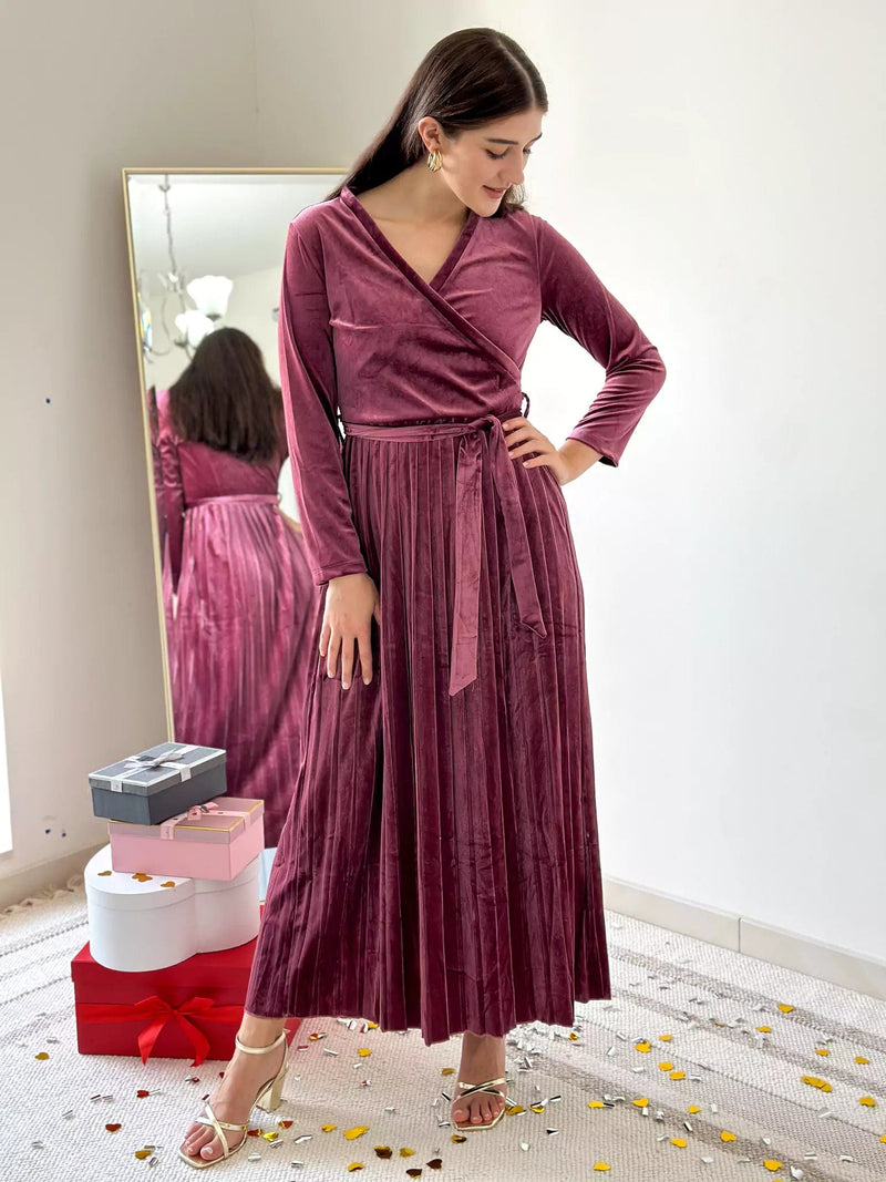 Promise Pleated Velvet Dress - Rose Dresses  - Sowears