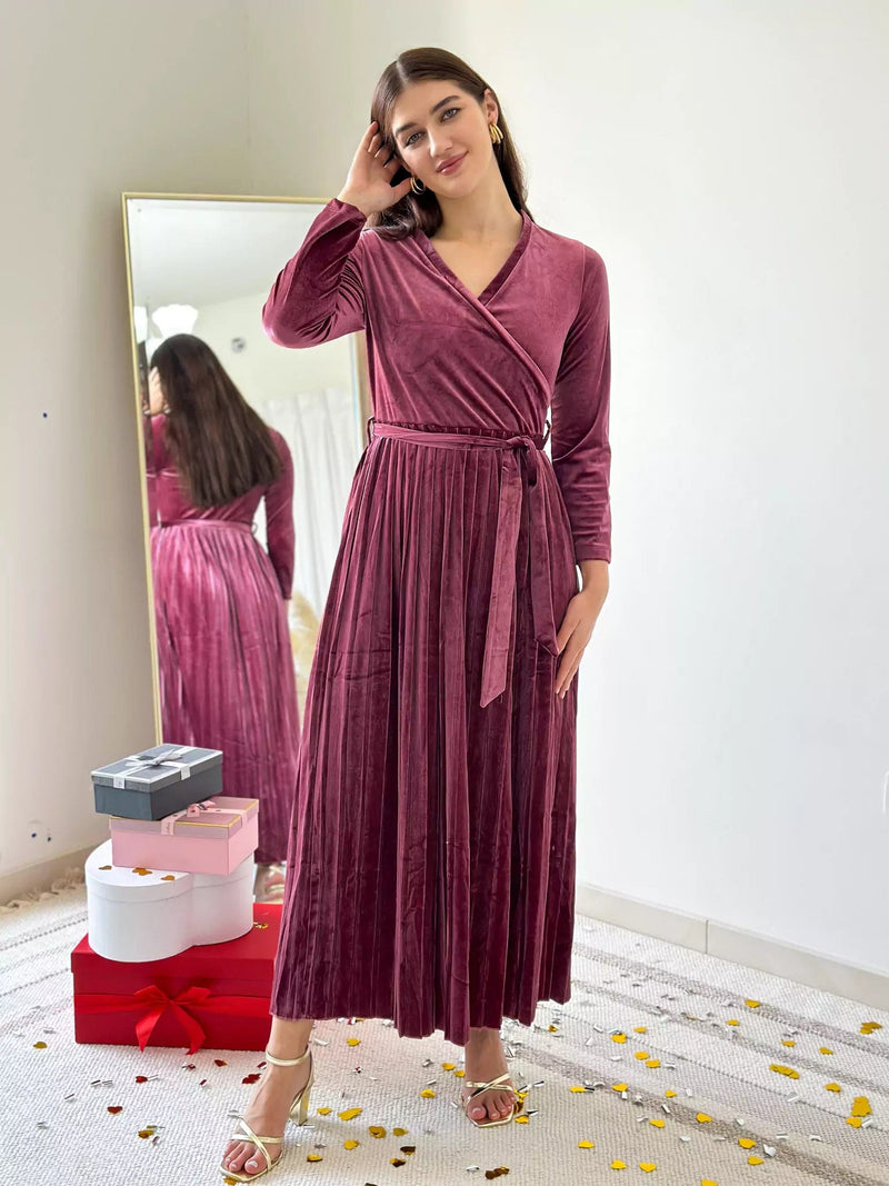 Promise Pleated Velvet Dress - Rose Dresses  - Sowears