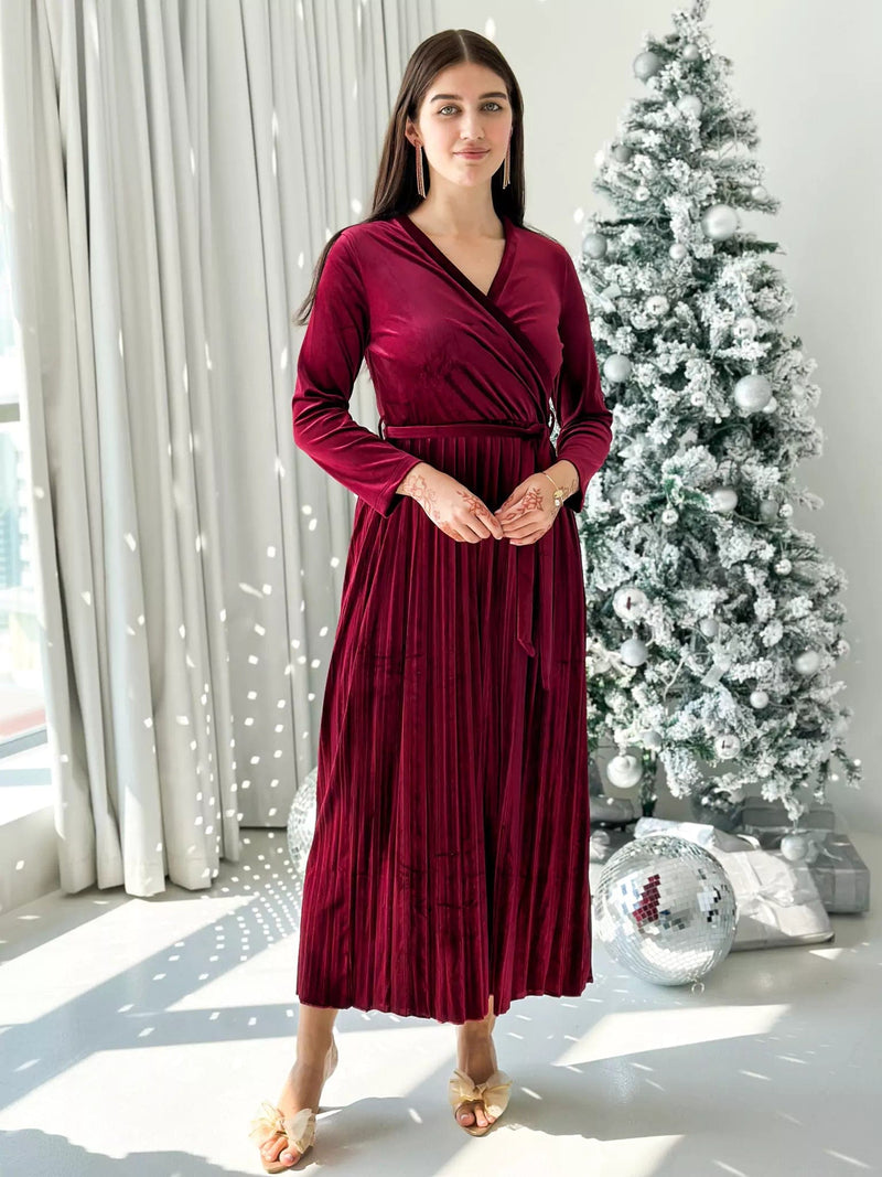 Promise - Plum Velvet Dress with Long Sleeves (Pleated) Dresses  - Sowears