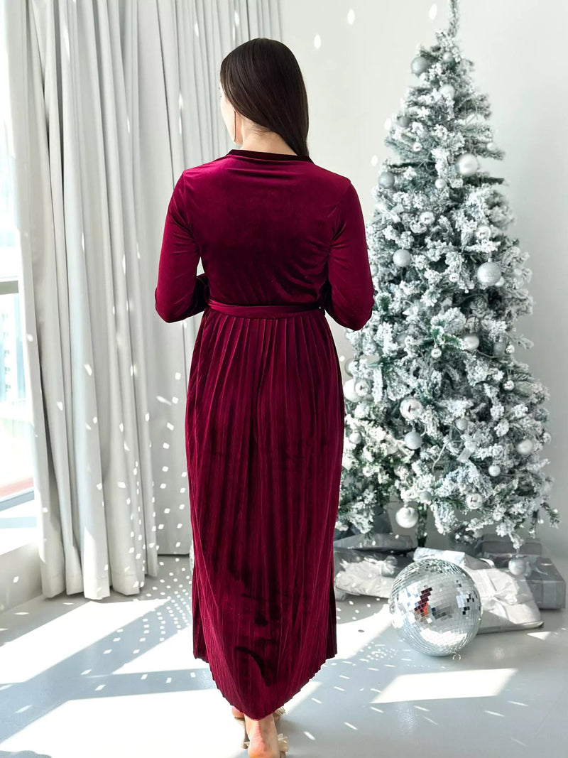 Promise - Plum Velvet Dress with Long Sleeves (Pleated) Dresses  - Sowears