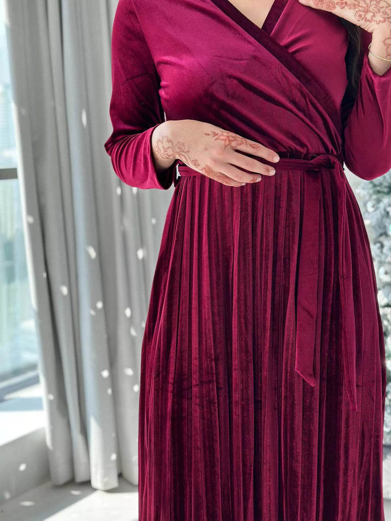 Promise - Plum Velvet Dress with Long Sleeves (Pleated) Dresses  - Sowears