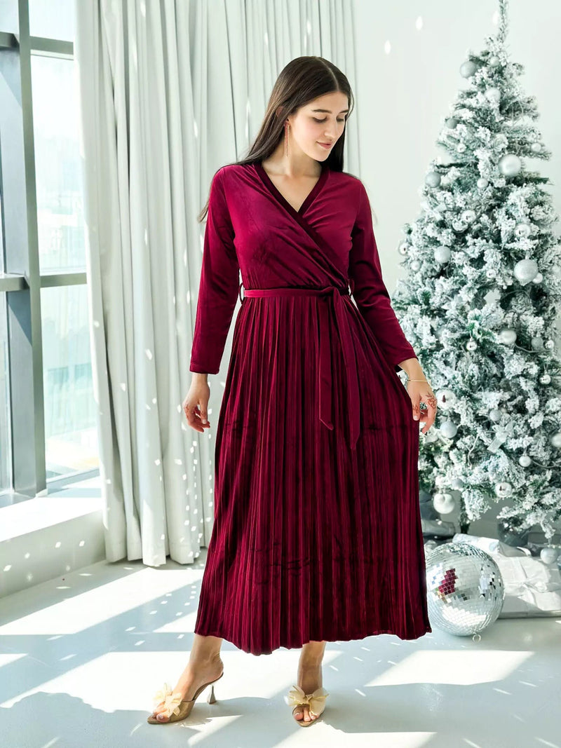 Promise - Plum Velvet Dress with Long Sleeves (Pleated) Dresses  - Sowears