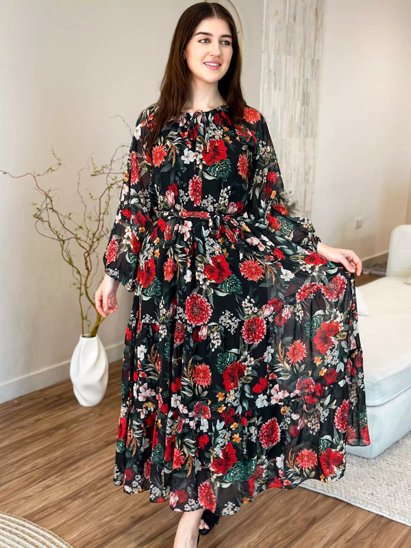 Pumpkin Floral Long Dress Dresses  - Sowears