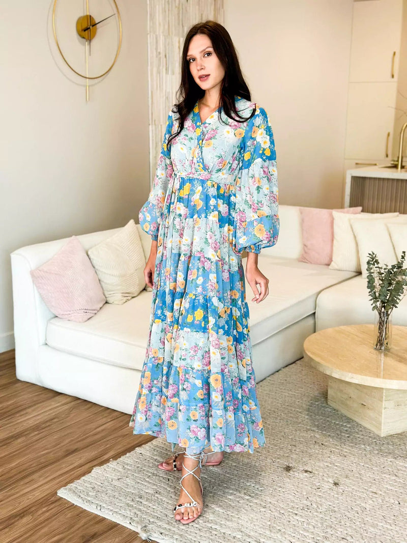 Quadra Blue Floral Long Dress Dresses  - Sowears