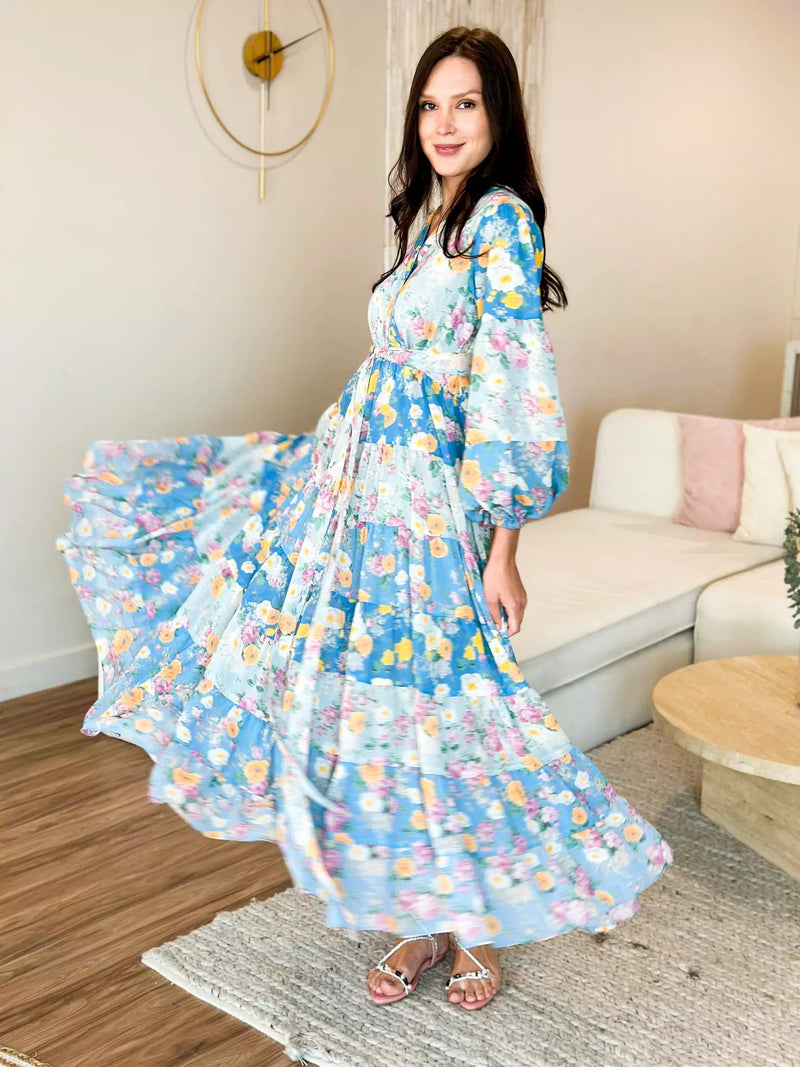 Quadra Blue Floral Long Dress Dresses  - Sowears