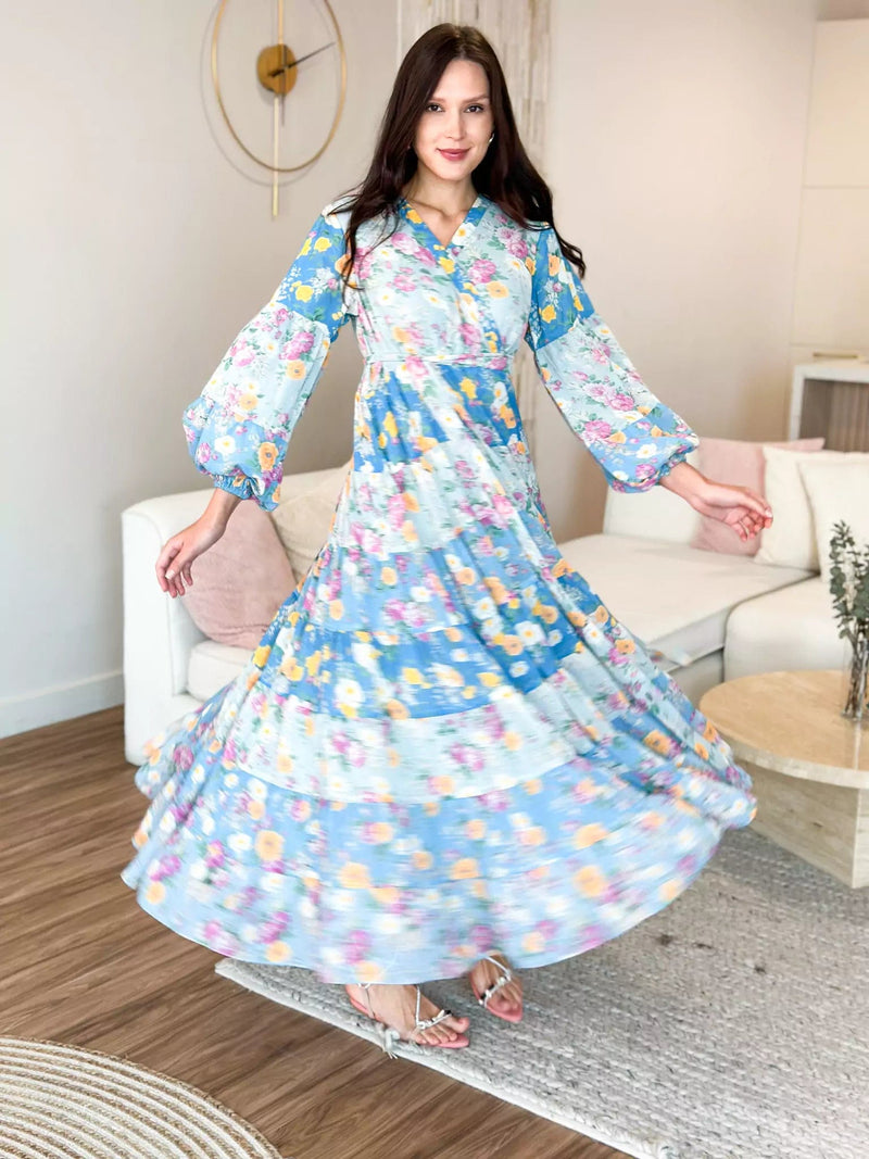 Quadra Blue Floral Long Dress Dresses  - Sowears