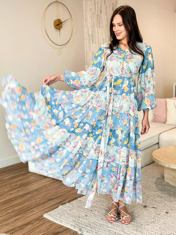 Quadra Blue Floral Long Dress Dresses  - Sowears