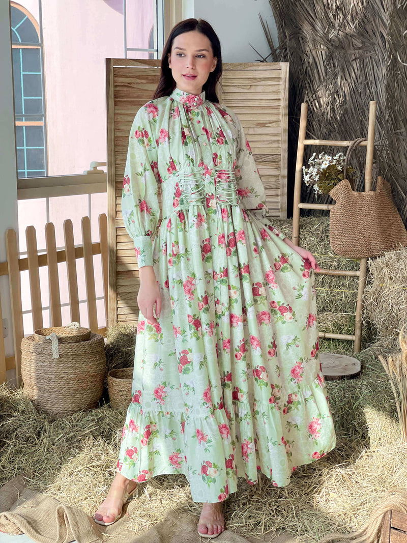 Rococo Pastel Green Floral Dress Dresses  - Sowears