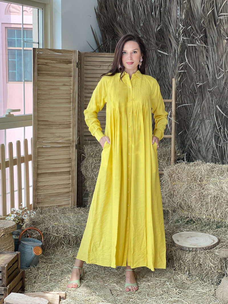 sunset yellow button down dress by sowears