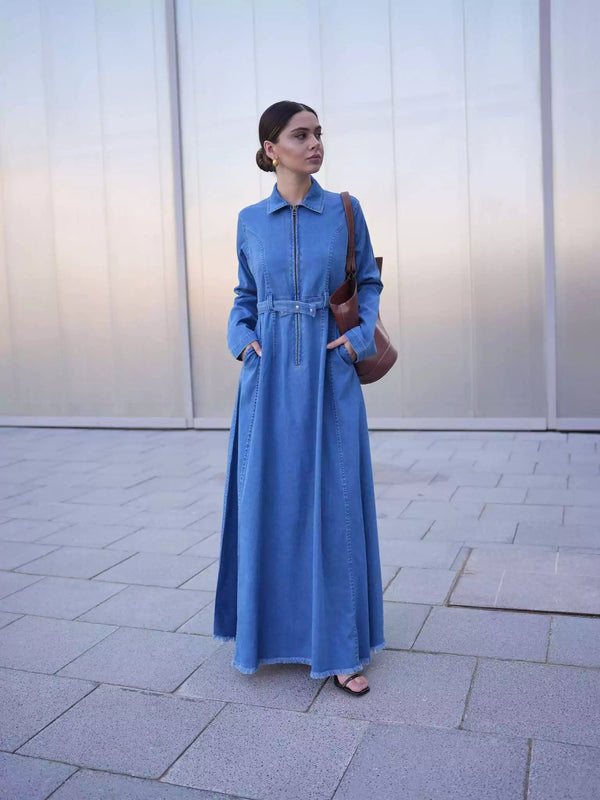 floor length long denim dress Denim Button Down Sleeveless Dress – Rhinestone Angel main image 0
