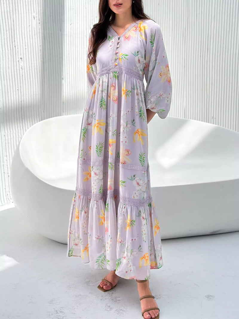 Veronica Lilac Floral Long Dress Dresses  - Sowears