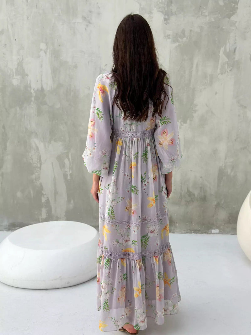 Veronica Lilac Floral Long Dress Dresses  - Sowears