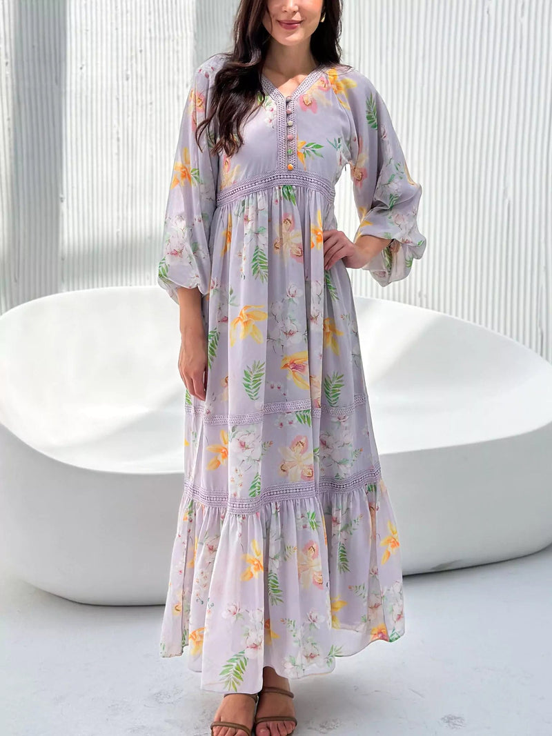 Veronica Lilac Floral Long Dress Dresses  - Sowears