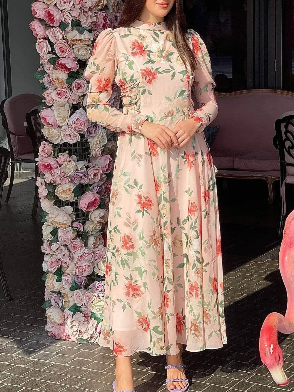 Victoria - Peach Floral Maxi Dress with Long Sleeves