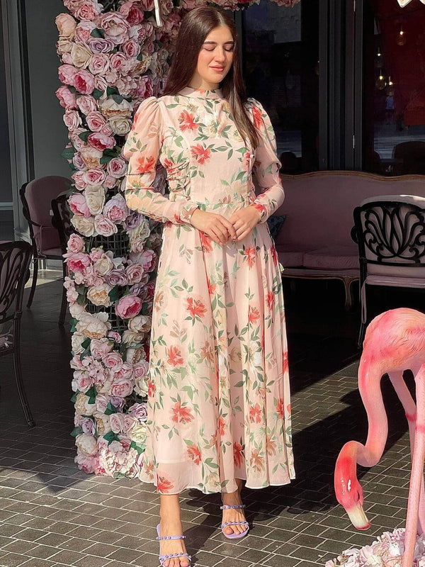 Victoria - Peach Floral Maxi Dress with Long Sleeves