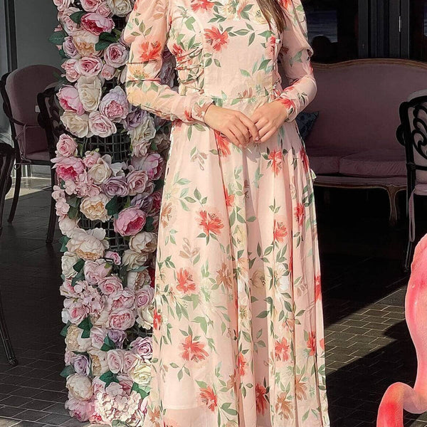Buy Peach Floral Maxi Dress with Long Sleeves | Victoria Buy Peach Floral Maxi Dress with Long Sleeves | Victoria