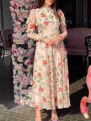 Victoria - Peach Floral Maxi Dress with Long Sleeves