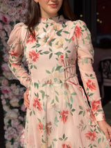 close up of peach floral maxi dress 