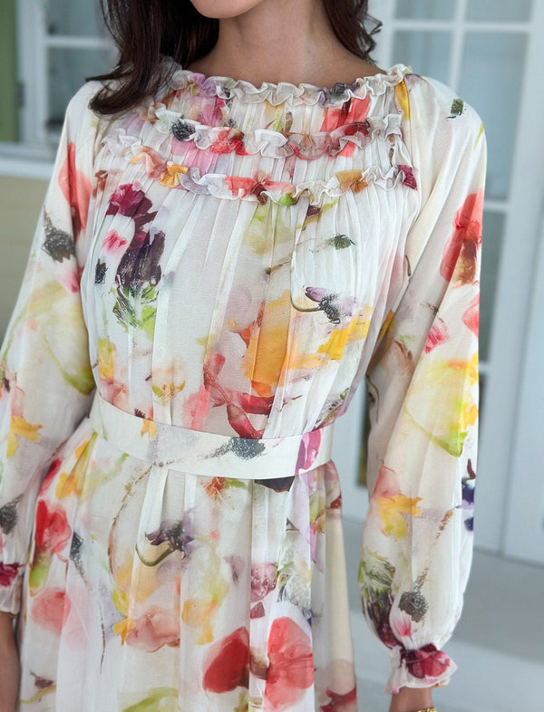 Watercolor Floral Long Dress Dresses  - Sowears